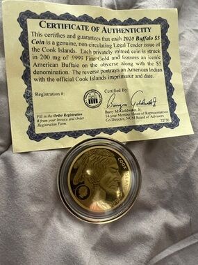 2020 Cook Islands Indian Buffalo $5 .9999 Fine Gold Coin W/ Capsule COA